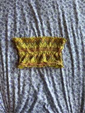 Yellow Smocked Tube Top with Multicolor Stitching